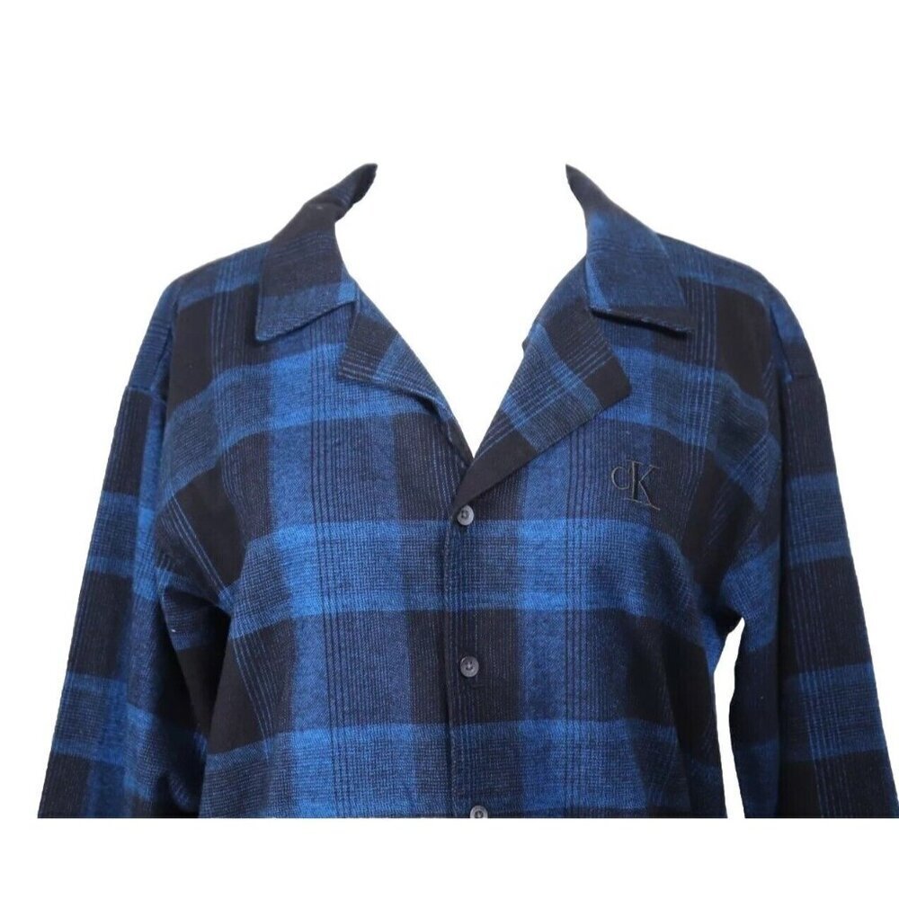 Calvin Klein Sleepwear Women Small Blue Black Pure Flannel Button-Down PJ Shirt